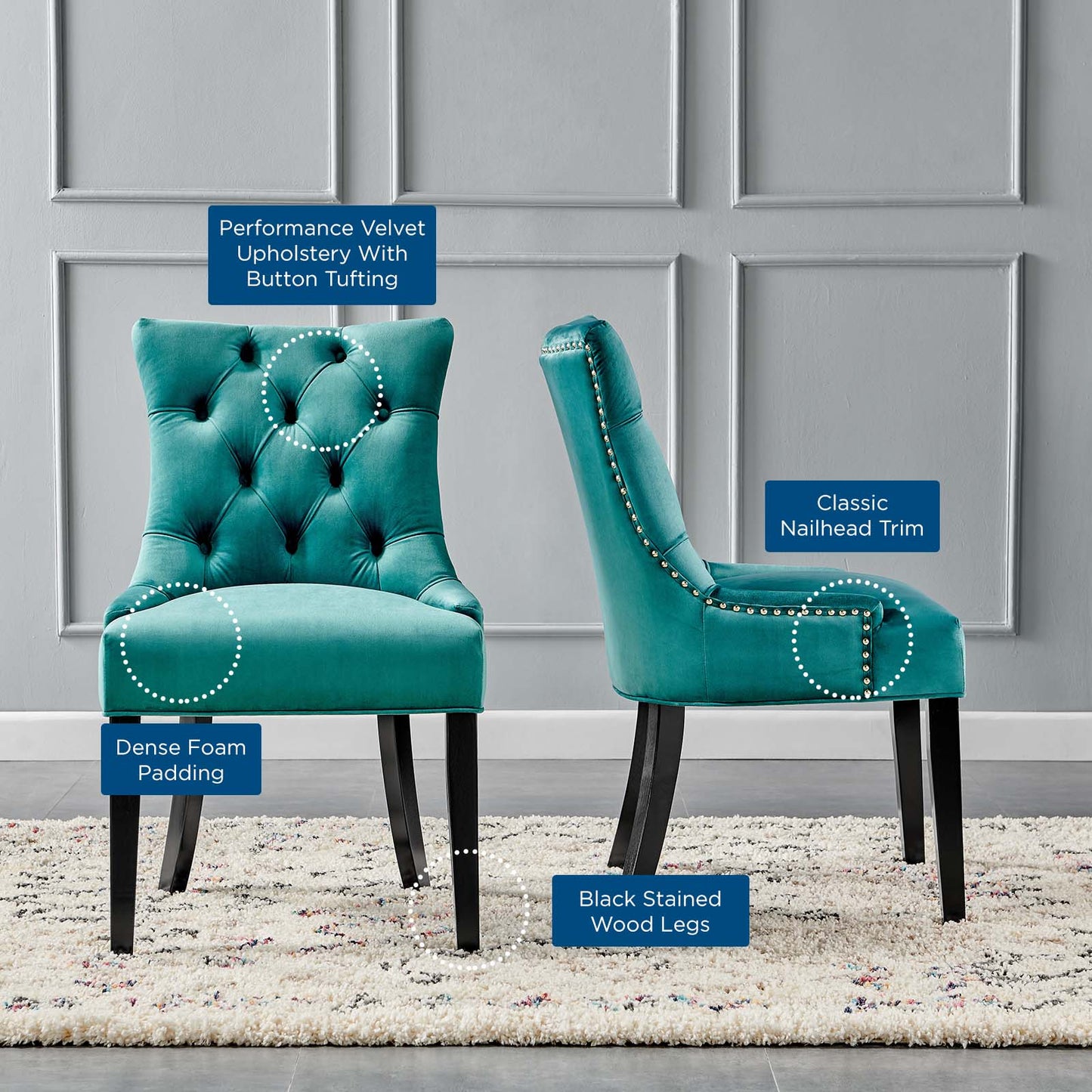 Regent Tufted Performance Velvet Dining Side Chairs - Set of 2, Velvet, Wood, Teal Blue, 18421