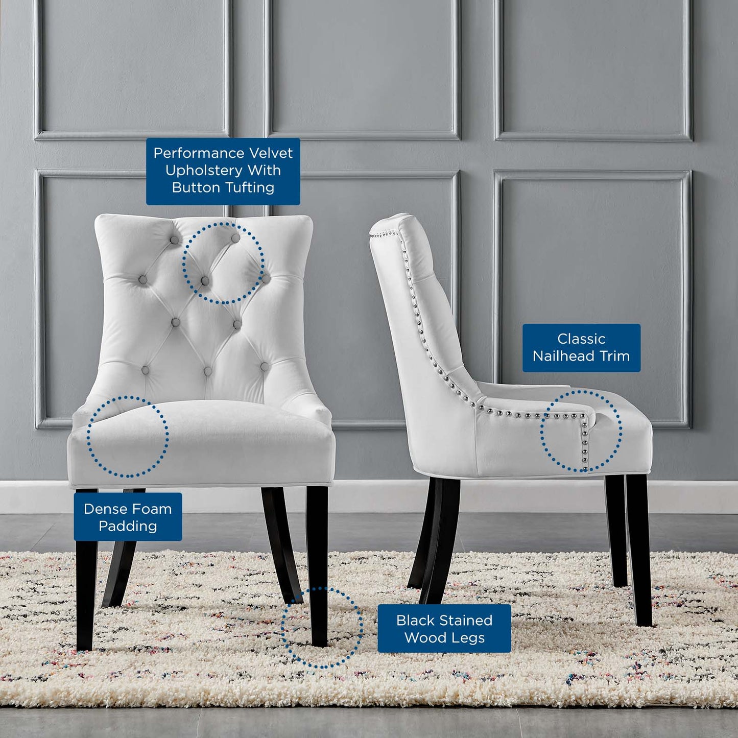 Regent Tufted Performance Velvet Dining Side Chairs - Set of 2, Velvet, Wood, White, 18422