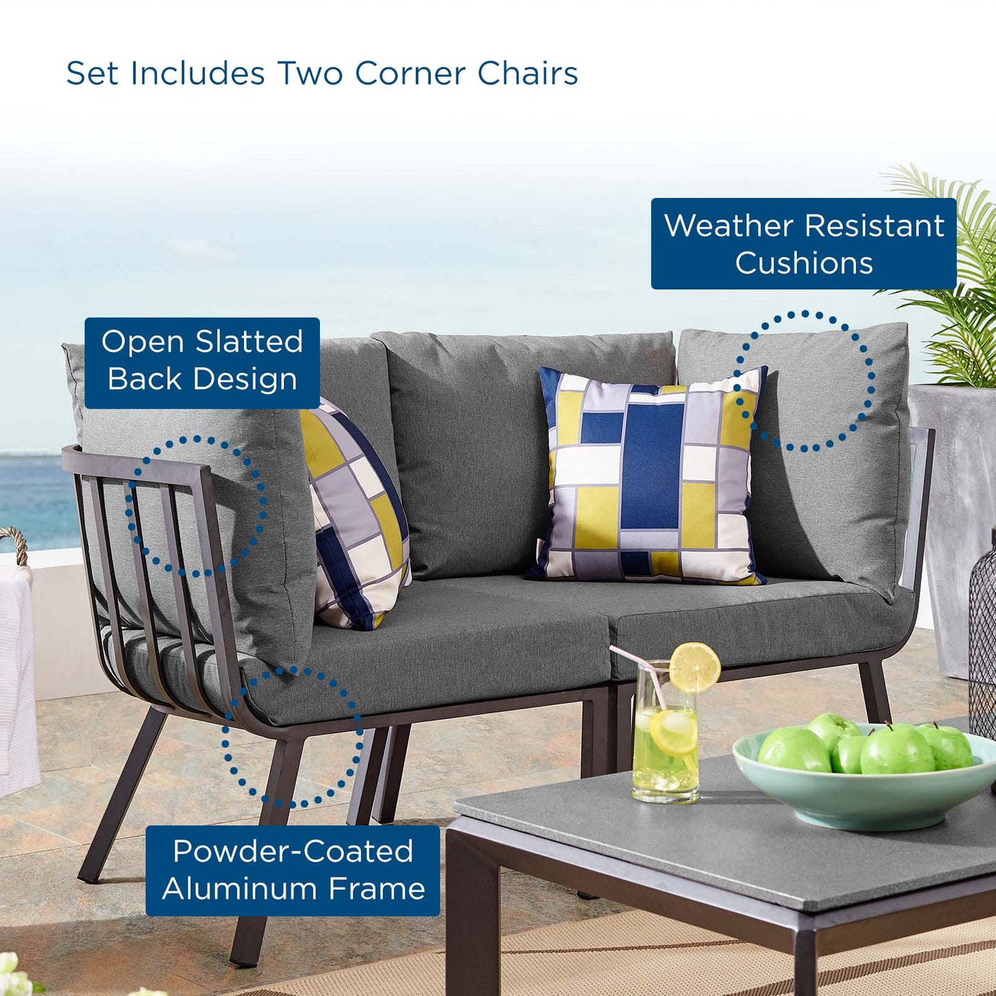 Riverside 2 Piece Outdoor Patio Aluminum Sectional Sofa Set, Aluminum, Metal, Steel, Grey Gray, 18423