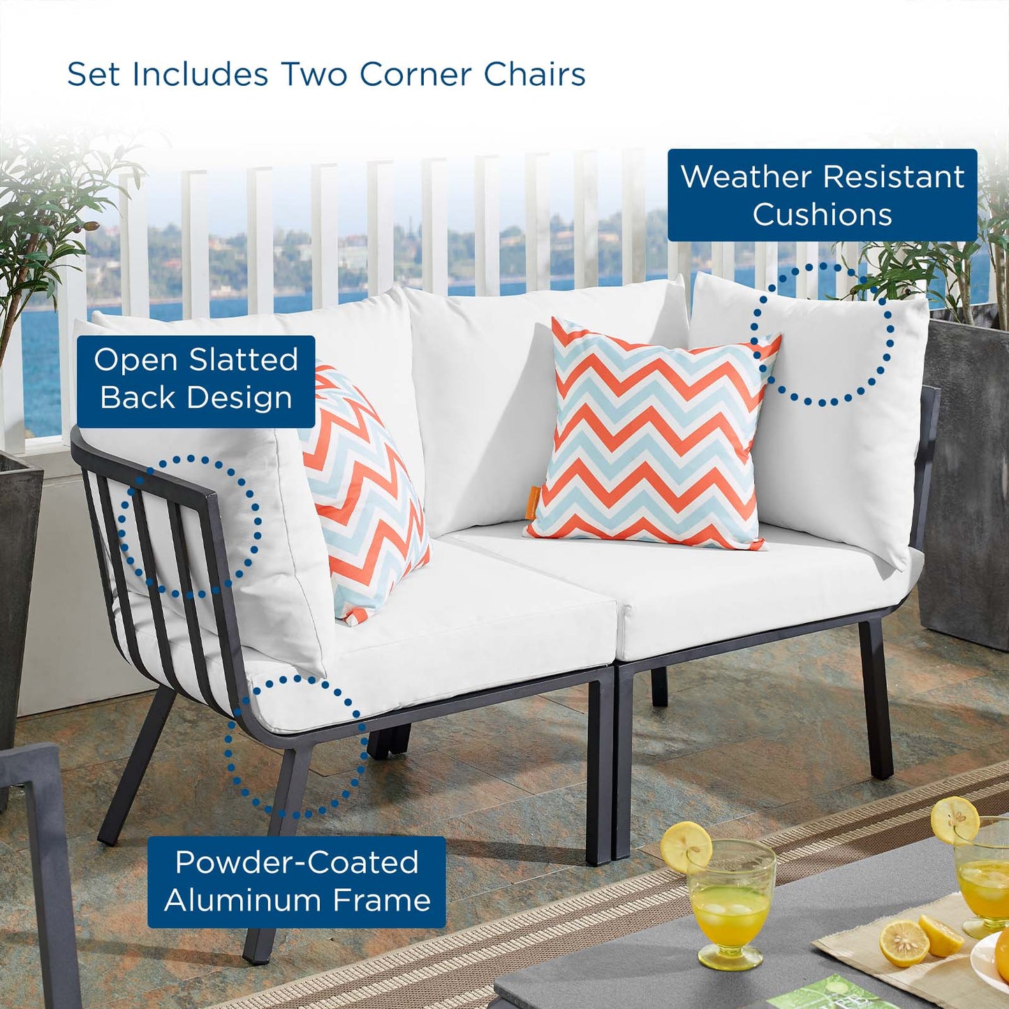 Riverside 2 Piece Outdoor Patio Aluminum Sectional Sofa Set, Aluminum, Metal, Steel, Grey Gray White, 18424