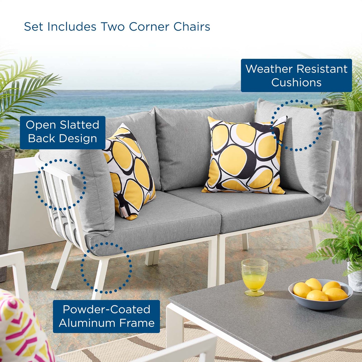 Riverside 2 Piece Outdoor Patio Aluminum Sectional Sofa Set, Aluminum, Metal, Steel, White Grey Gray, 18425