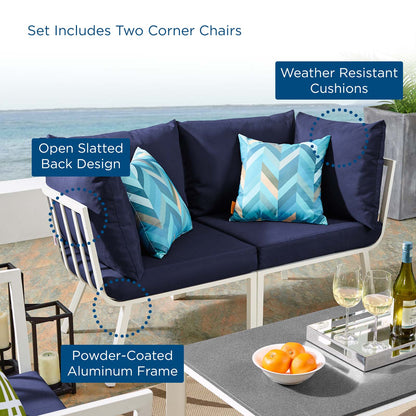 Riverside 2 Piece Outdoor Patio Aluminum Sectional Sofa Set, Aluminum, Metal, Steel, White Blue Navy, 18426
