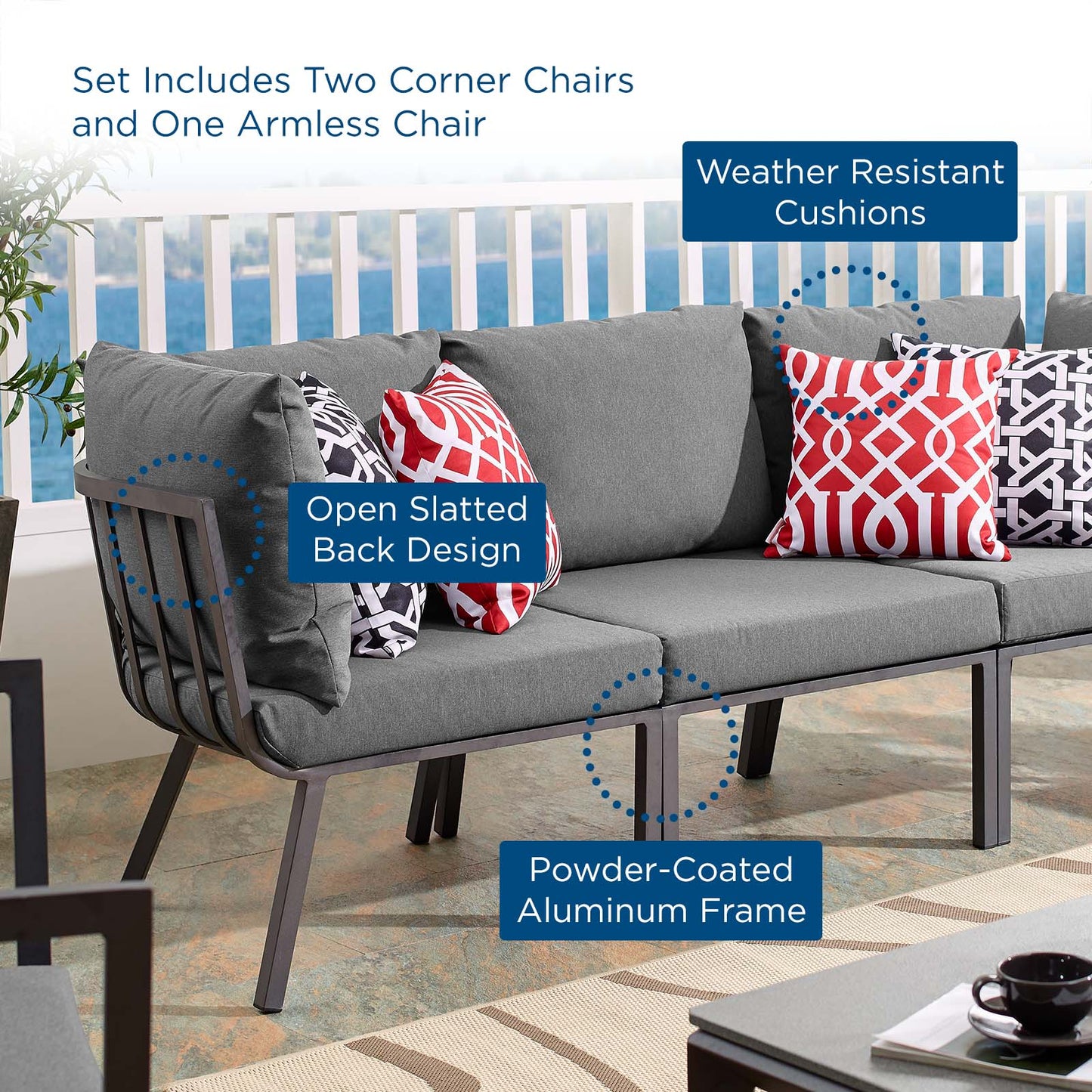 Riverside 3 Piece Outdoor Patio Aluminum Sectional Sofa Set, Aluminum, Metal, Steel, Grey Gray, 18427