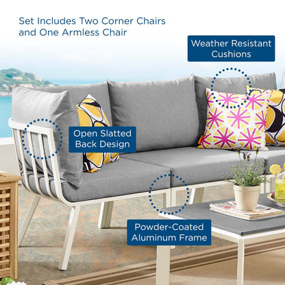 Riverside 3 Piece Outdoor Patio Aluminum Sectional Sofa Set, Aluminum, Metal, Steel, White Grey Gray, 18429