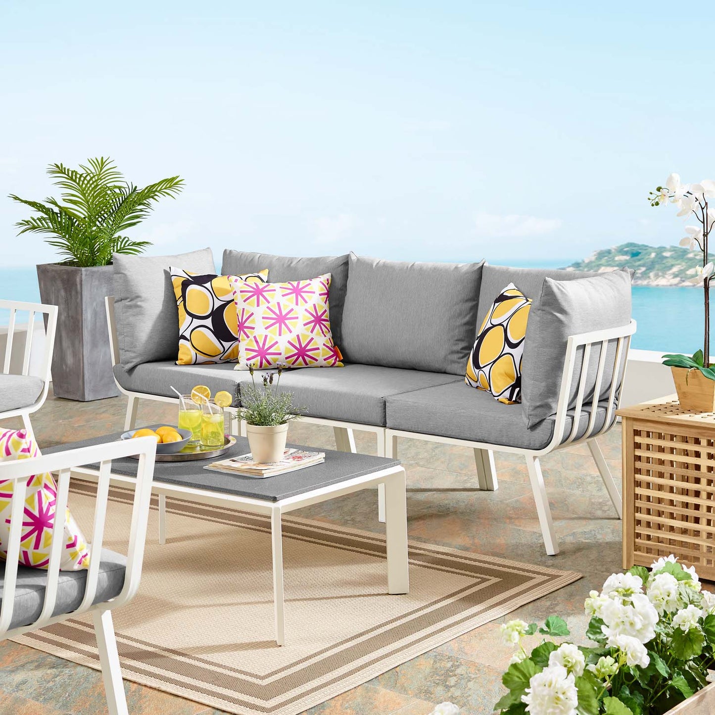 Riverside 3 Piece Outdoor Patio Aluminum Sectional Sofa Set, Aluminum, Metal, Steel, White Grey Gray, 18429