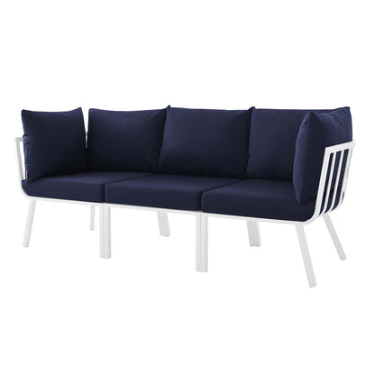Riverside 3 Piece Outdoor Patio Aluminum Sectional Sofa Set, Aluminum, Metal, Steel, White Blue Navy, 18430