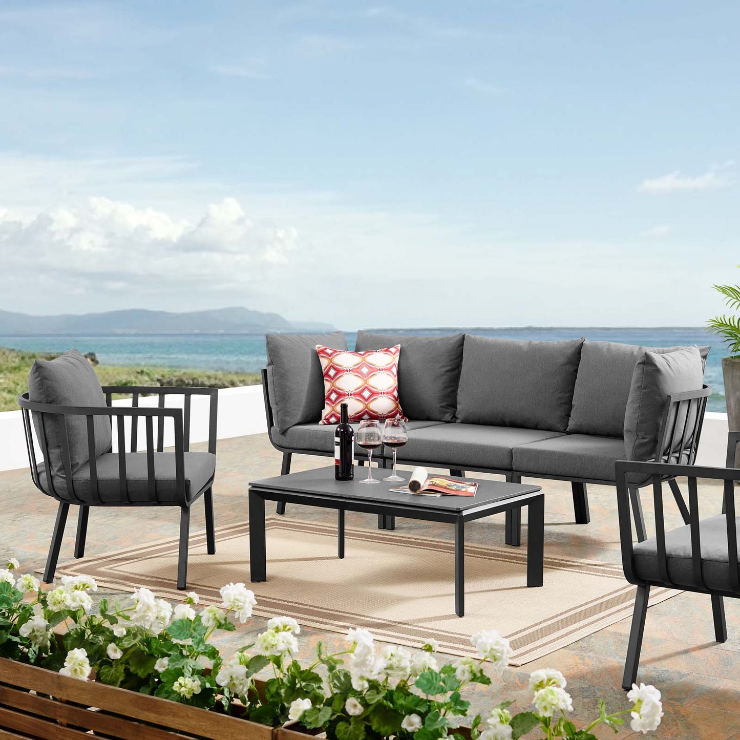 Riverside 5 Piece Outdoor Patio Aluminum Set, Aluminum, Metal, Steel, Grey Gray, 18431