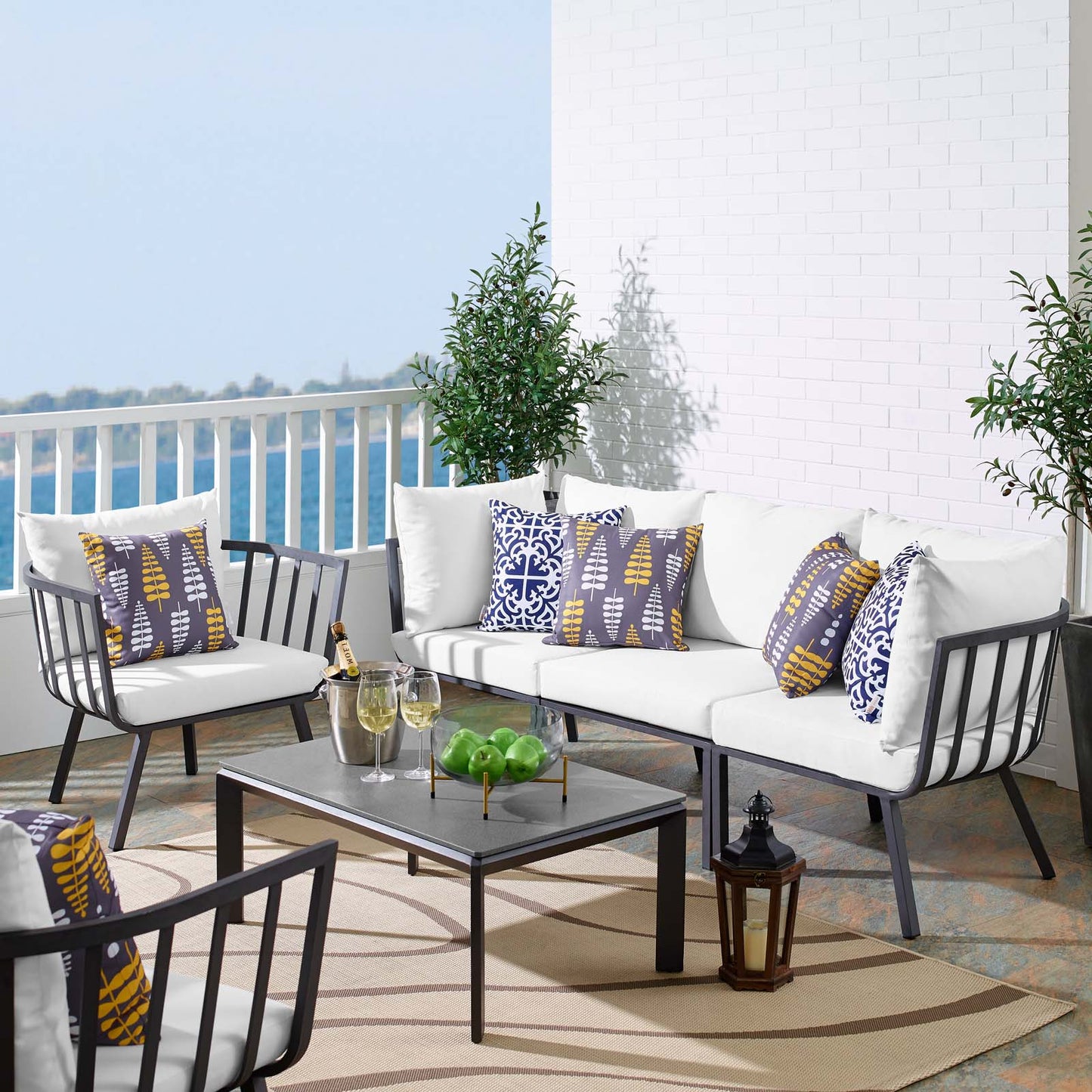 Riverside 5 Piece Outdoor Patio Aluminum Set, Aluminum, Metal, Steel, Grey Gray White, 18432