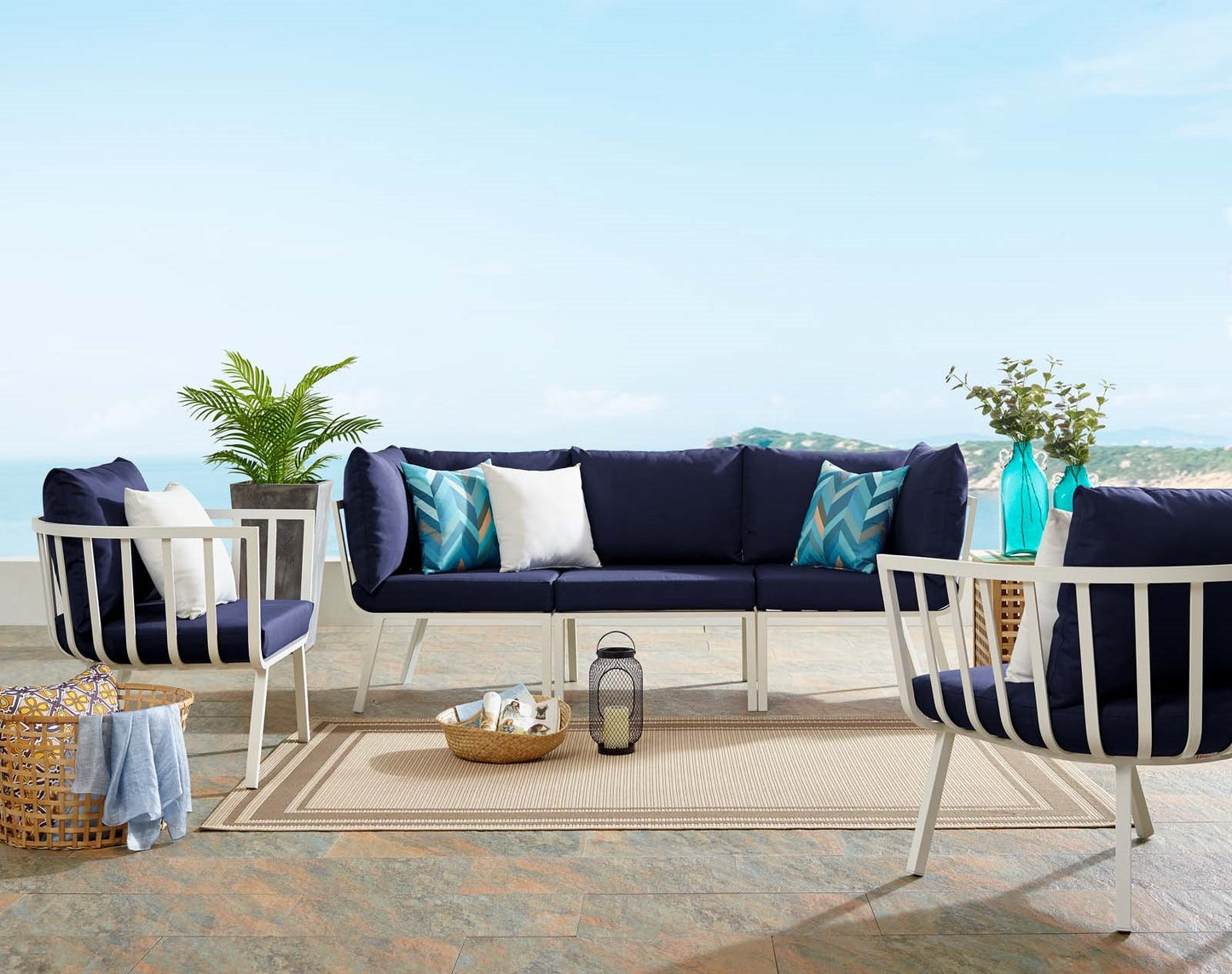 Riverside 4 Piece Outdoor Patio Aluminum Set, Aluminum, Metal, Steel, White Blue Navy, 18438