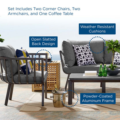 Riverside 5 Piece Outdoor Patio Aluminum Set, Aluminum, Metal, Steel, Grey Gray, 18439