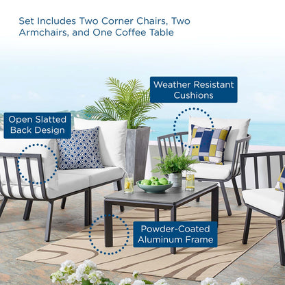 Riverside 5 Piece Outdoor Patio Aluminum Set, Aluminum, Metal, Steel, Grey Gray White, 18440