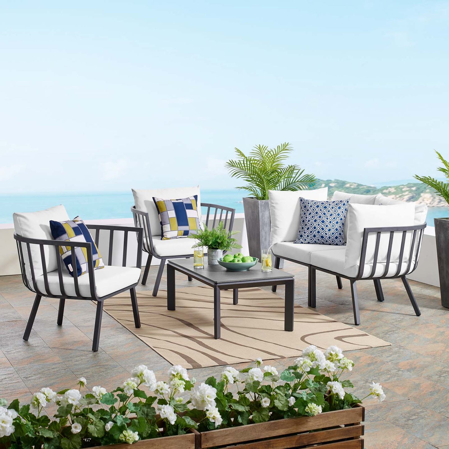 Riverside 5 Piece Outdoor Patio Aluminum Set, Aluminum, Metal, Steel, Grey Gray White, 18440