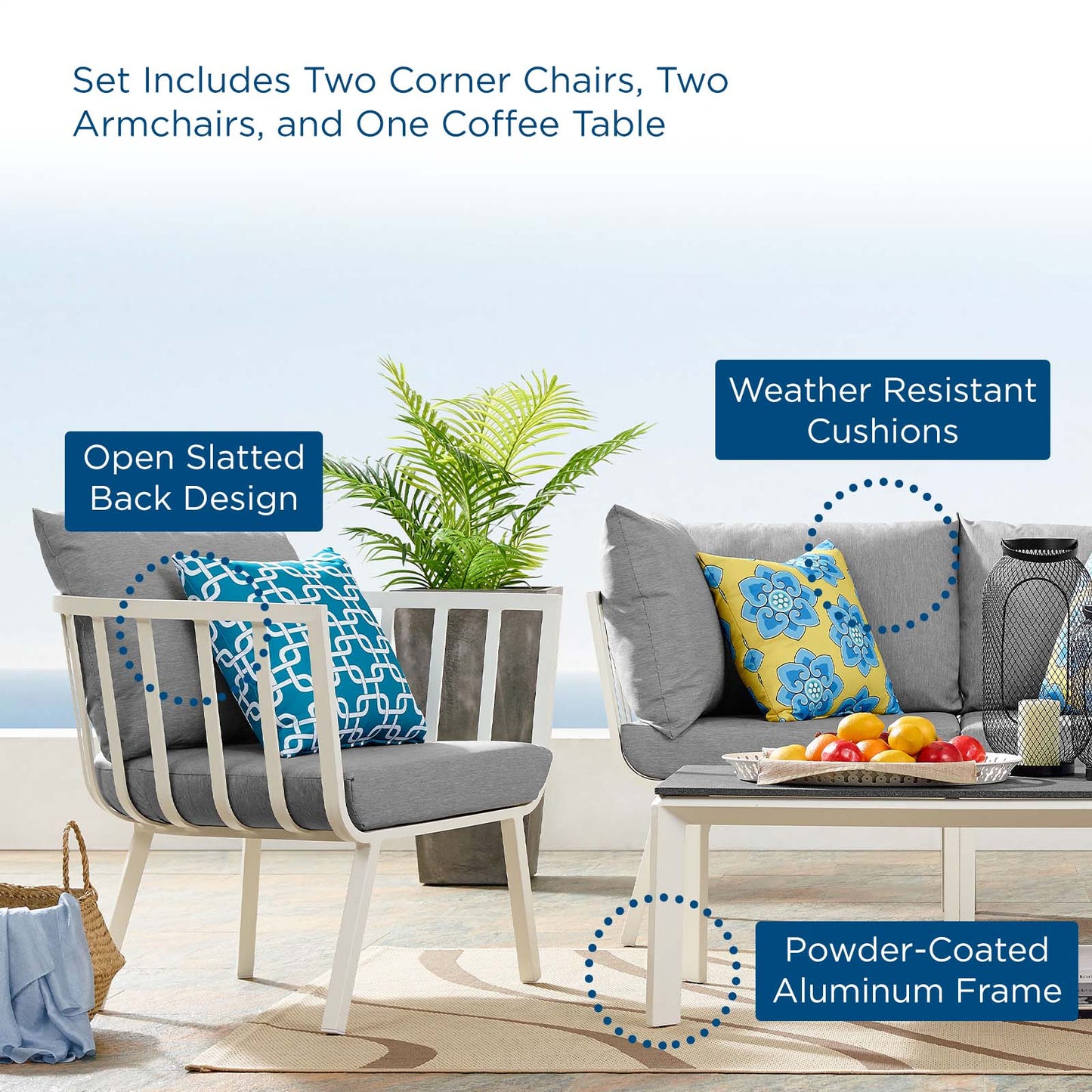 Riverside 5 Piece Outdoor Patio Aluminum Set, Aluminum, Metal, Steel, White Grey Gray, 18441