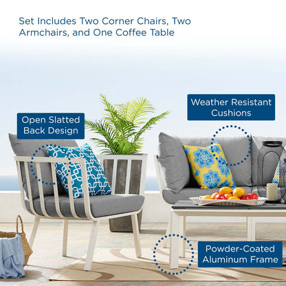Riverside 5 Piece Outdoor Patio Aluminum Set, Aluminum, Metal, Steel, White Grey Gray, 18441