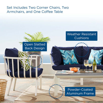 Riverside 5 Piece Outdoor Patio Aluminum Set, Aluminum, Metal, Steel, White Blue Navy, 18442