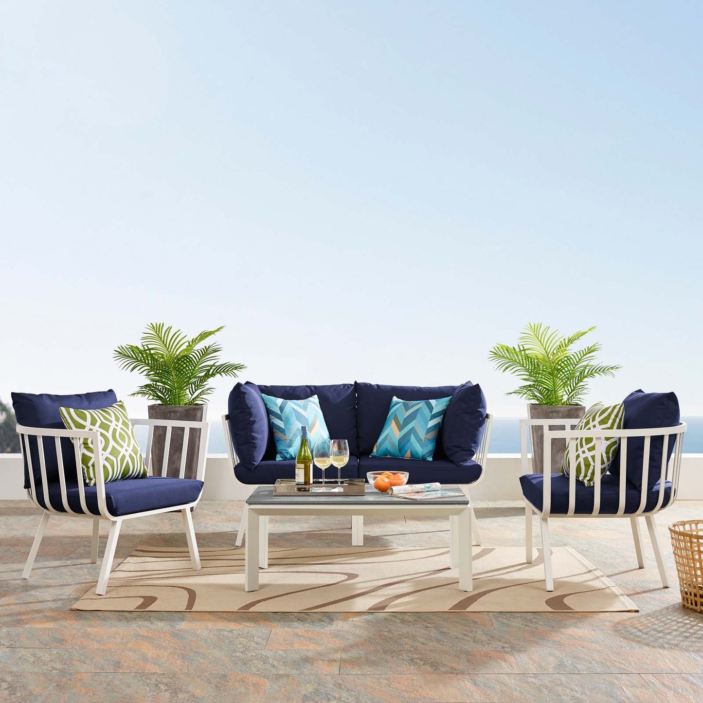Riverside 5 Piece Outdoor Patio Aluminum Set, Aluminum, Metal, Steel, White Blue Navy, 18442