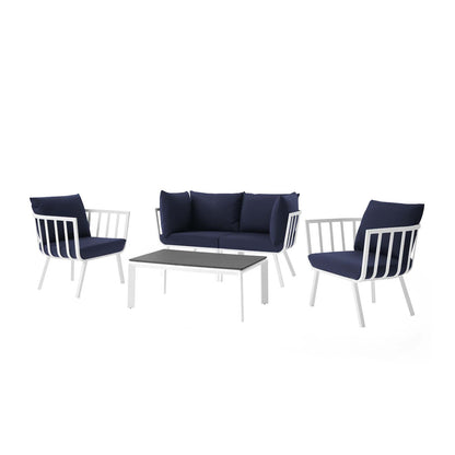 Riverside 5 Piece Outdoor Patio Aluminum Set, Aluminum, Metal, Steel, White Blue Navy, 18442