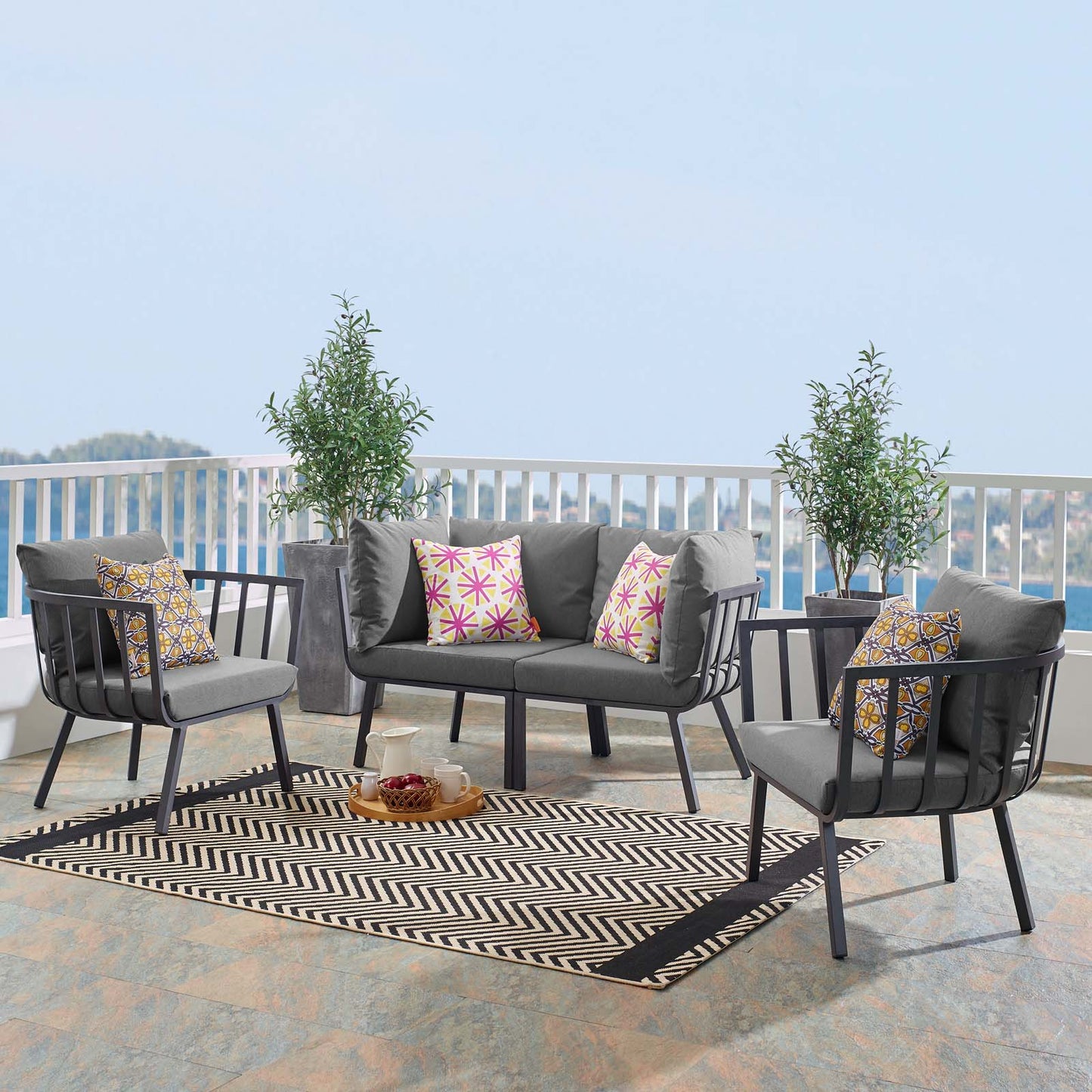 Riverside 4 Piece Outdoor Patio Aluminum Set, Aluminum, Metal, Steel, Grey Gray, 18443
