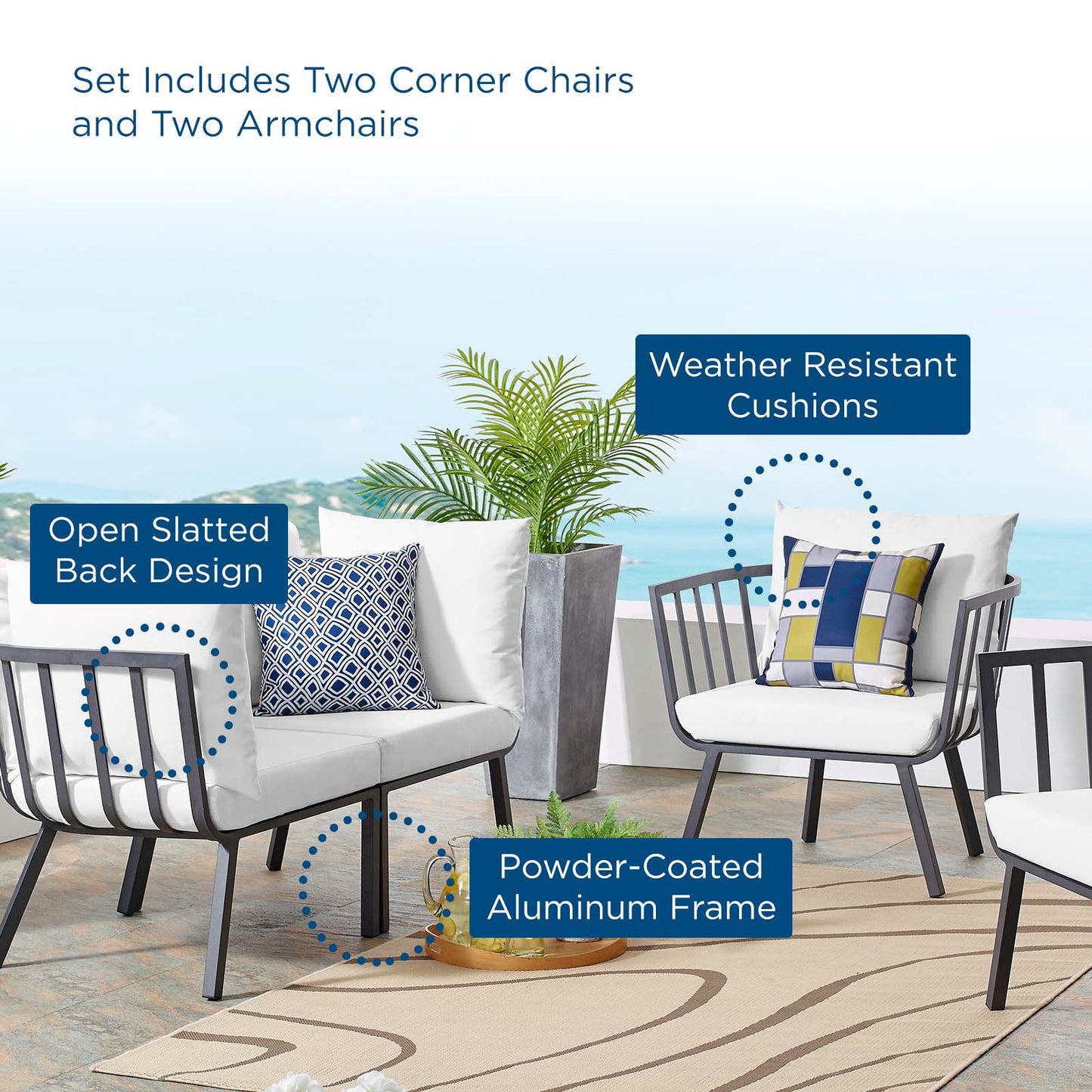 Riverside 4 Piece Outdoor Patio Aluminum Set, Aluminum, Metal, Steel, Grey Gray White, 18444