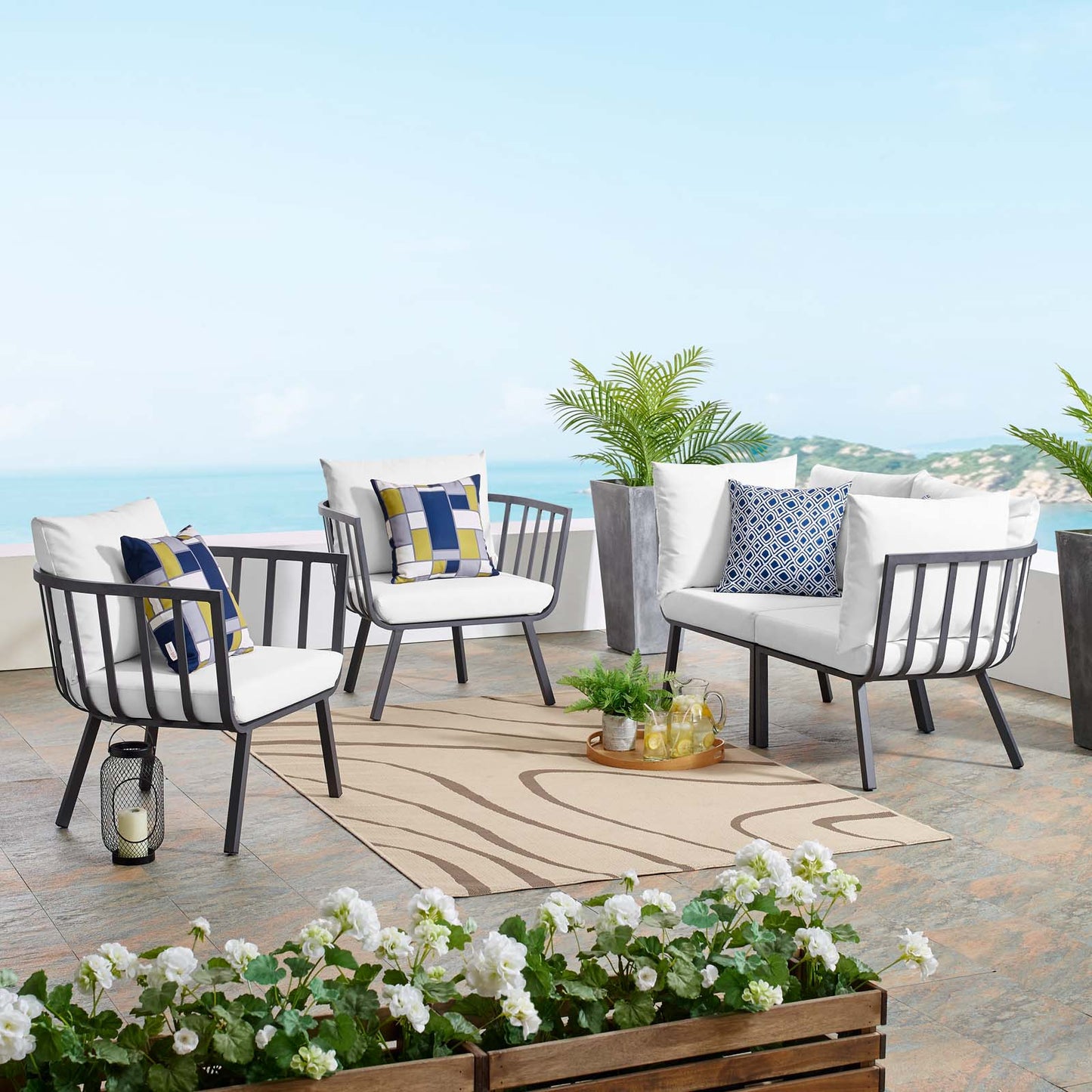 Riverside 4 Piece Outdoor Patio Aluminum Set, Aluminum, Metal, Steel, Grey Gray White, 18444