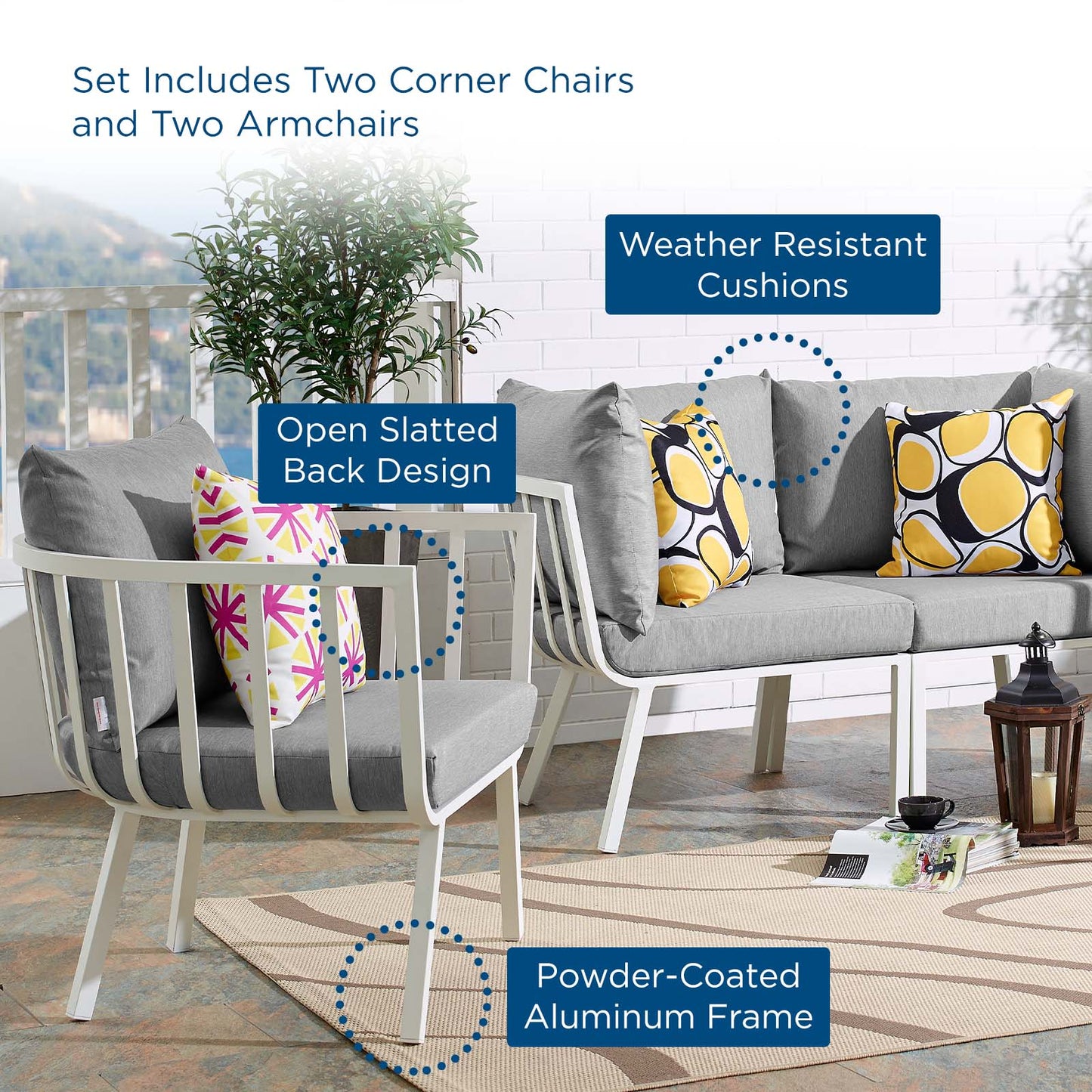 Riverside 4 Piece Outdoor Patio Aluminum Set, Aluminum, Metal, Steel, White Grey Gray, 18445