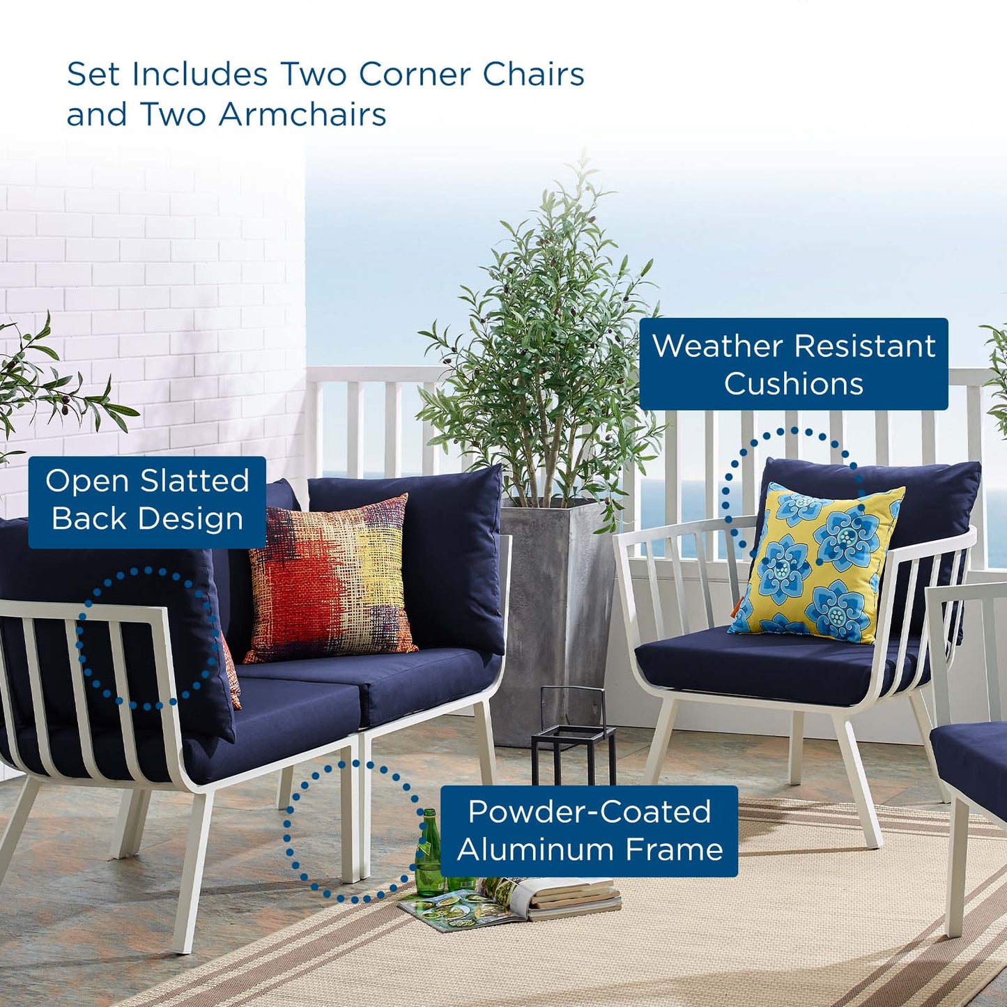 Riverside 4 Piece Outdoor Patio Aluminum Set, Aluminum, Metal, Steel, White Blue Navy, 18446