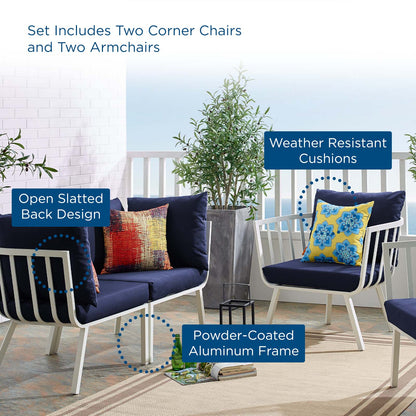 Riverside 4 Piece Outdoor Patio Aluminum Set, Aluminum, Metal, Steel, White Blue Navy, 18446