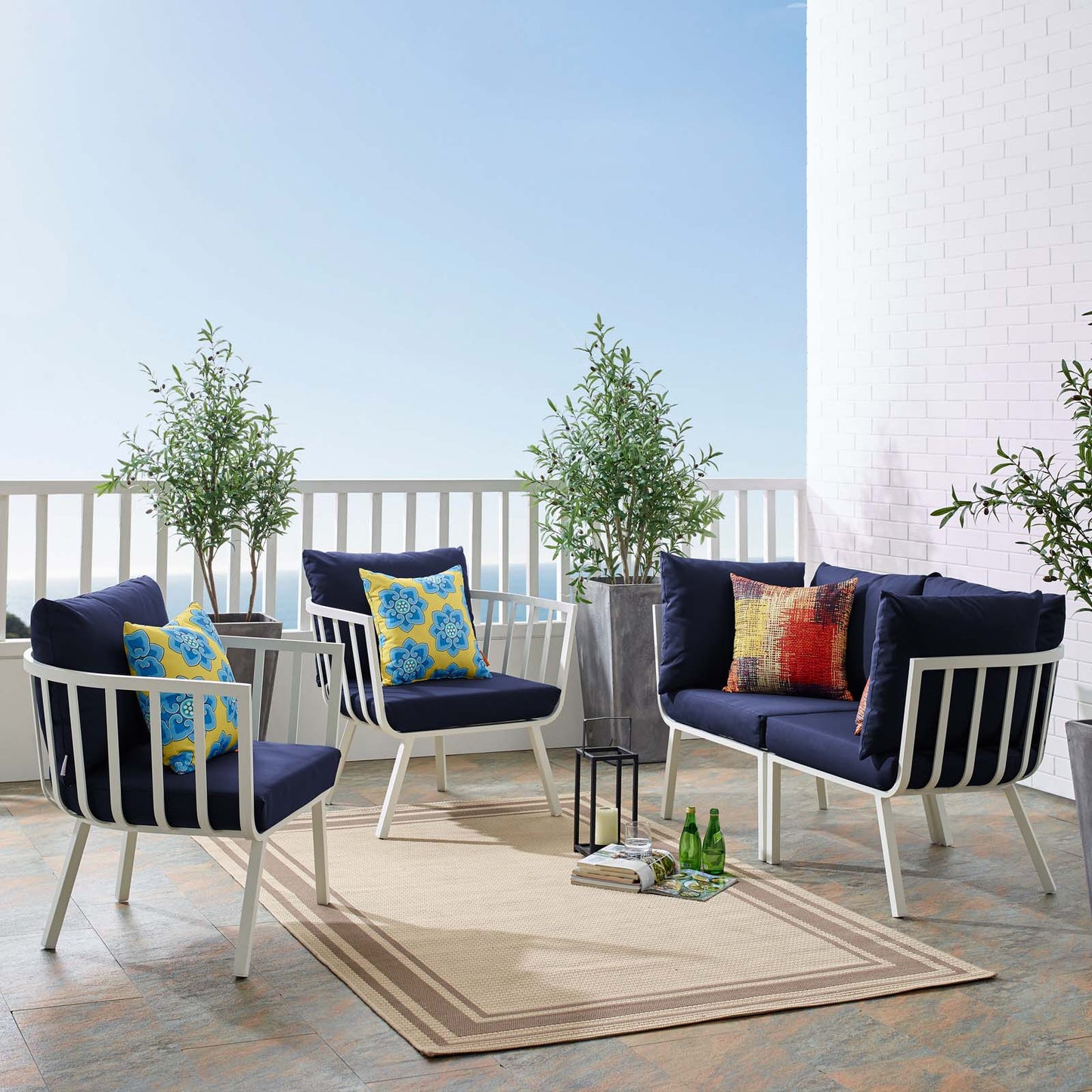 Riverside 4 Piece Outdoor Patio Aluminum Set, Aluminum, Metal, Steel, White Blue Navy, 18446