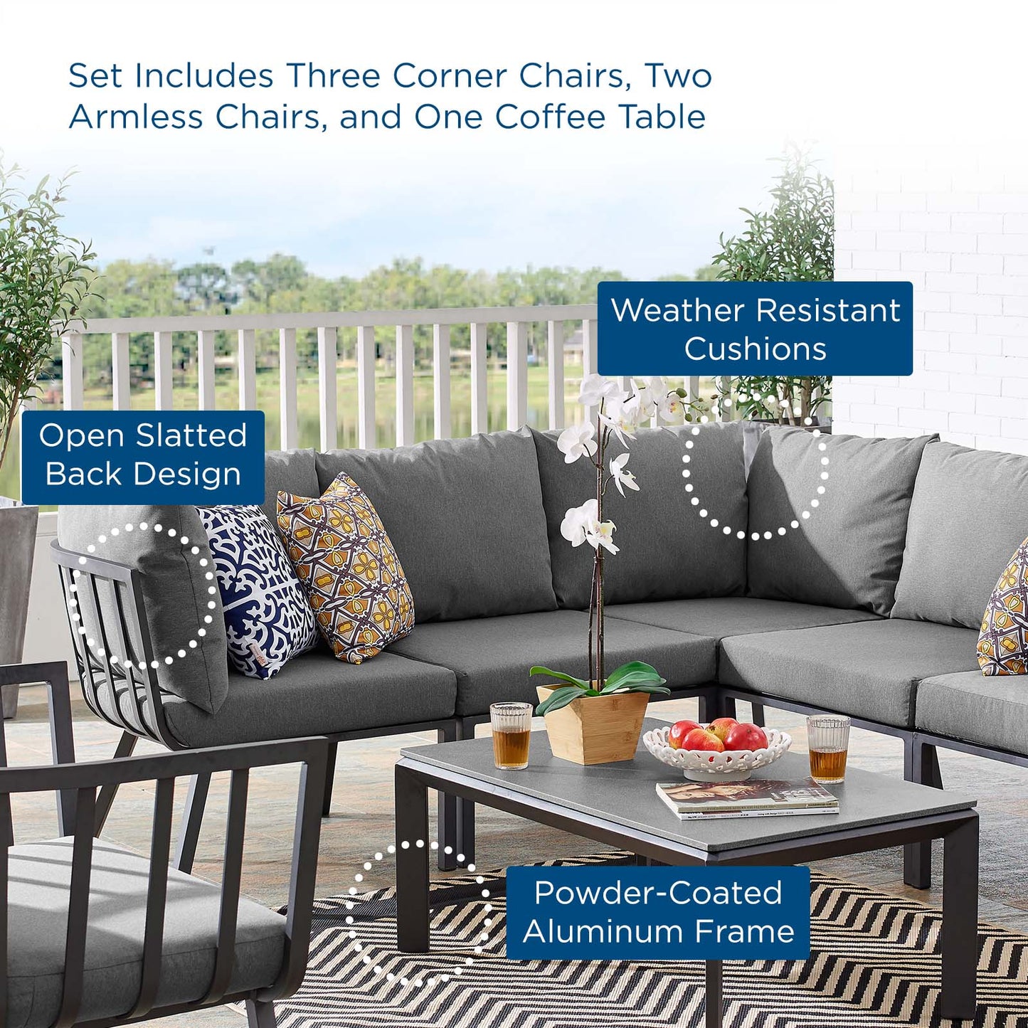 Riverside 6 Piece Outdoor Patio Aluminum Set, Aluminum, Metal, Steel, Grey Gray, 18447