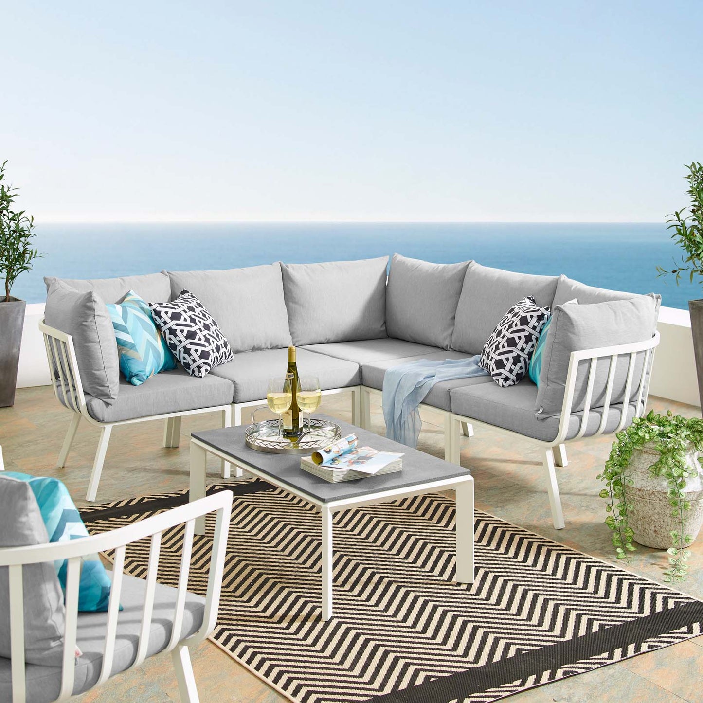 Riverside 6 Piece Outdoor Patio Aluminum Set, Aluminum, Metal, Steel, White Grey Gray, 18449