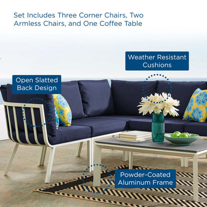 Riverside 6 Piece Outdoor Patio Aluminum Set, Aluminum, Metal, Steel, White Blue Navy, 18450