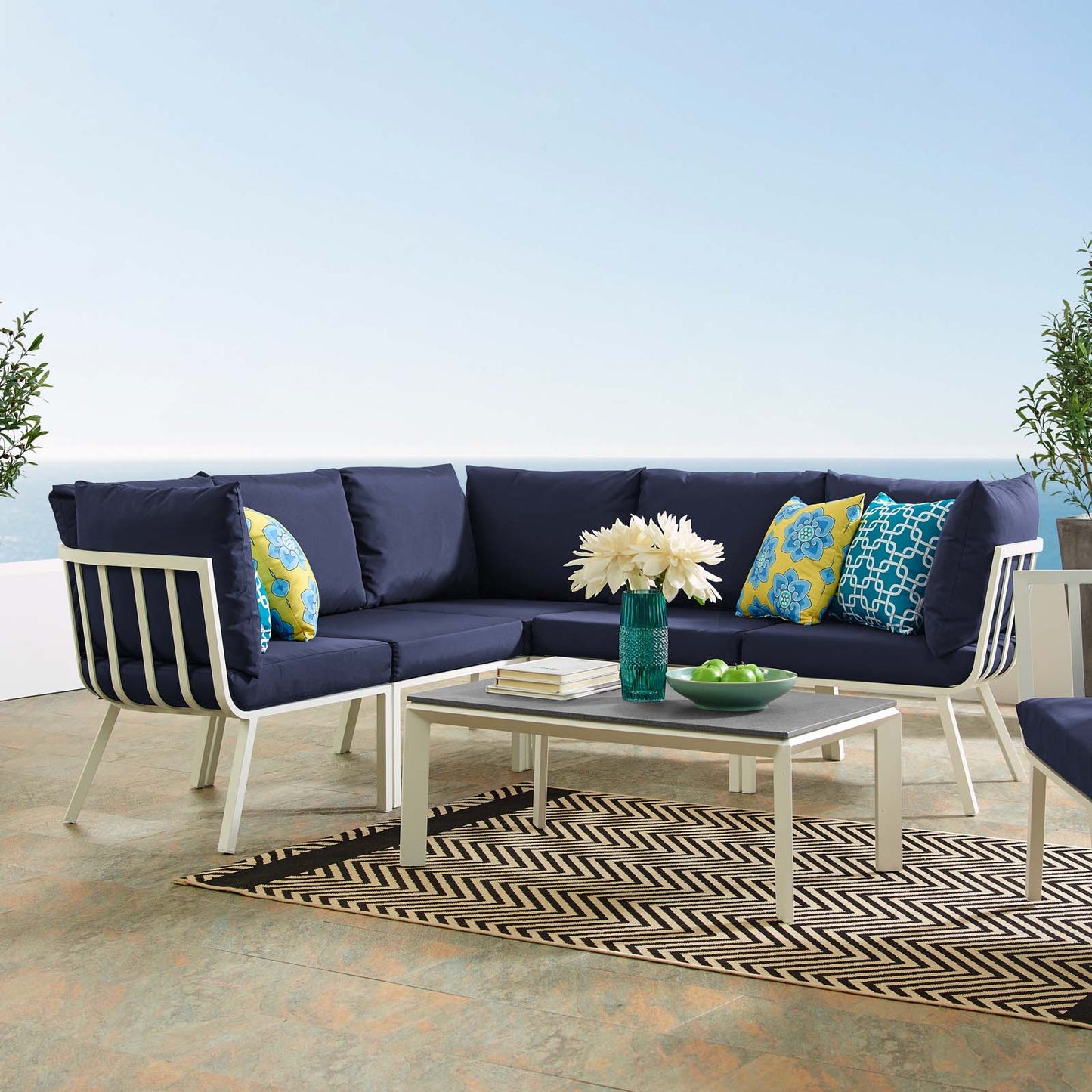 Riverside 6 Piece Outdoor Patio Aluminum Set, Aluminum, Metal, Steel, White Blue Navy, 18450