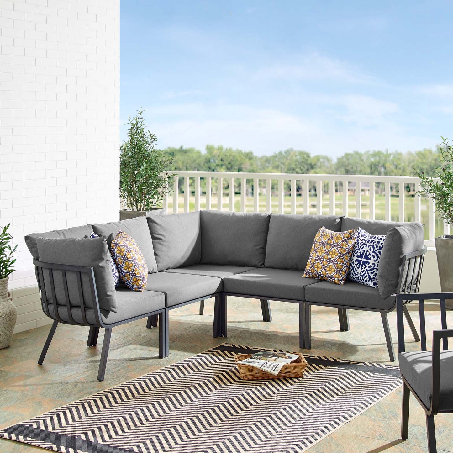 Riverside 5 Piece Outdoor Patio Aluminum Sectional, Aluminum, Metal, Steel, Grey Gray, 18451