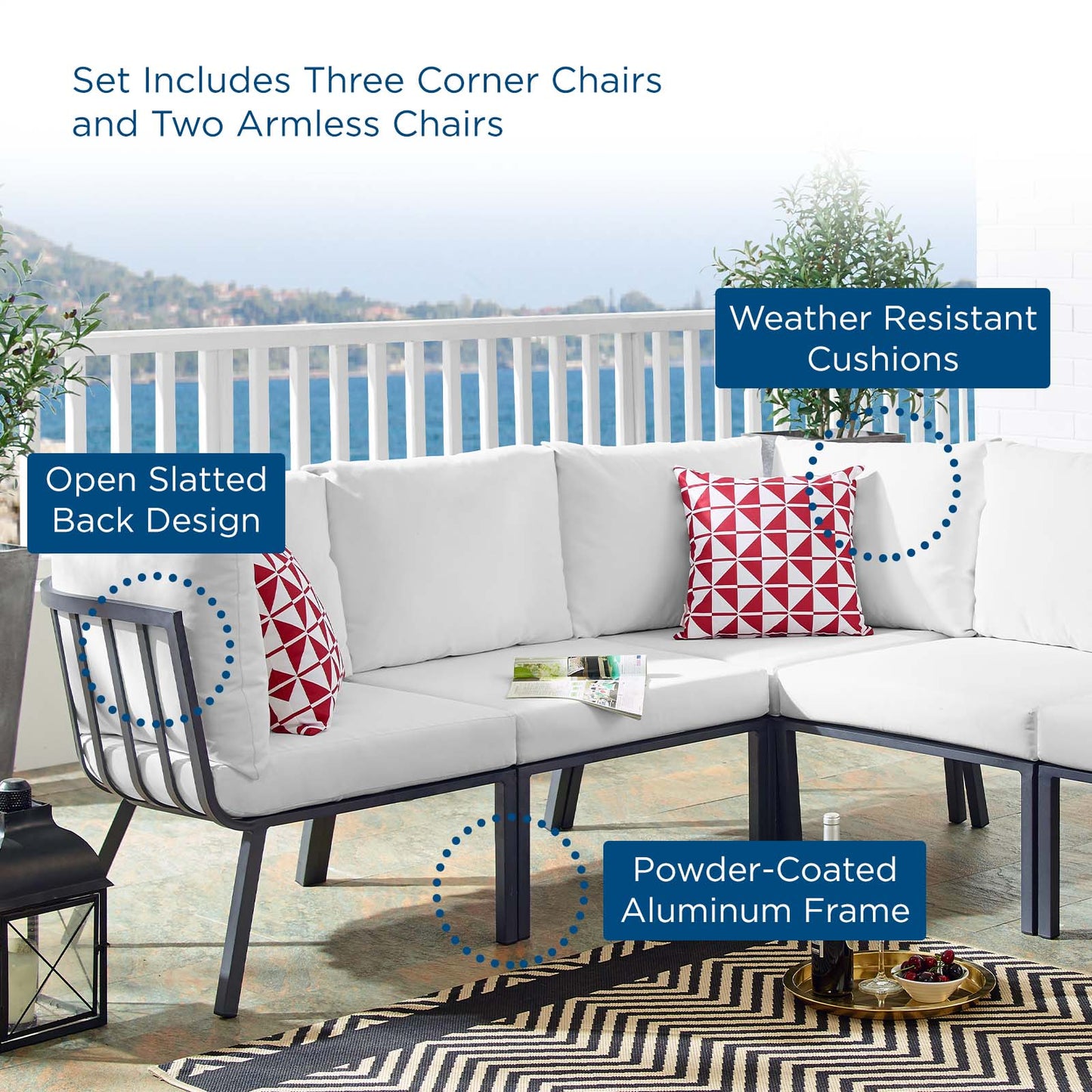 Riverside 5 Piece Outdoor Patio Aluminum Sectional, Aluminum, Metal, Steel, Grey Gray White, 18452