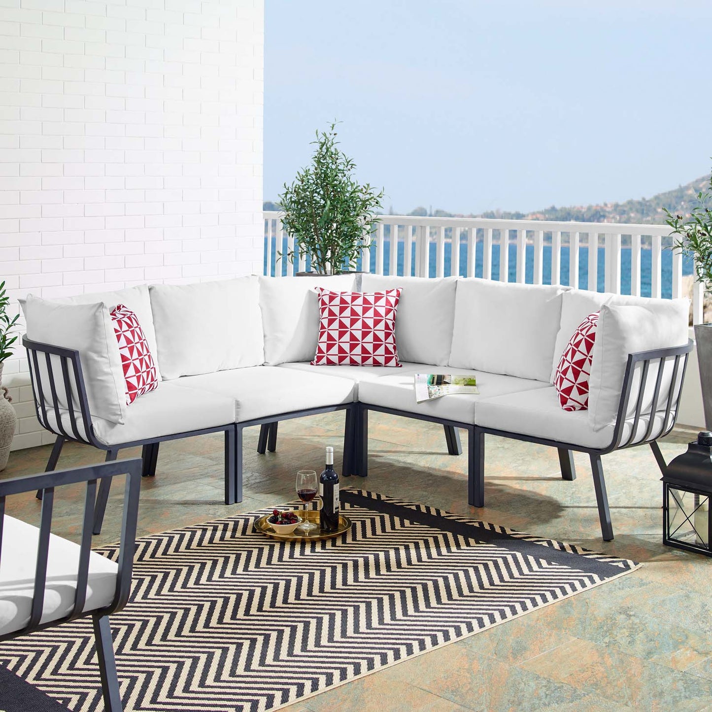Riverside 5 Piece Outdoor Patio Aluminum Sectional, Aluminum, Metal, Steel, Grey Gray White, 18452