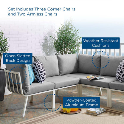 Riverside 5 Piece Outdoor Patio Aluminum Sectional, Aluminum, Metal, Steel, White Grey Gray, 18453