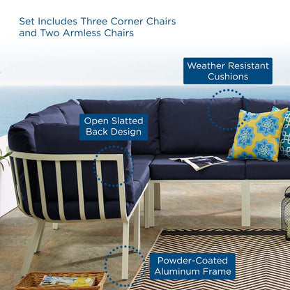 Riverside 5 Piece Outdoor Patio Aluminum Sectional, Aluminum, Metal, Steel, White Blue Navy, 18454
