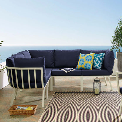 Riverside 5 Piece Outdoor Patio Aluminum Sectional, Aluminum, Metal, Steel, White Blue Navy, 18454