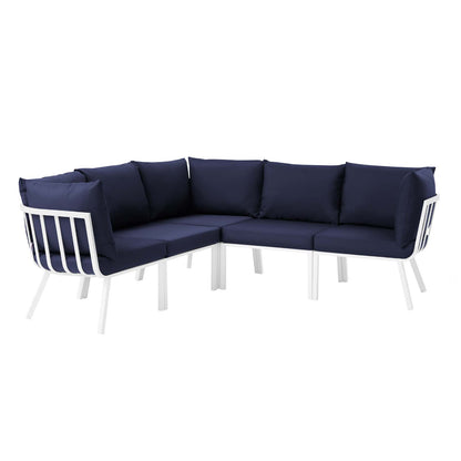 Riverside 5 Piece Outdoor Patio Aluminum Sectional, Aluminum, Metal, Steel, White Blue Navy, 18454