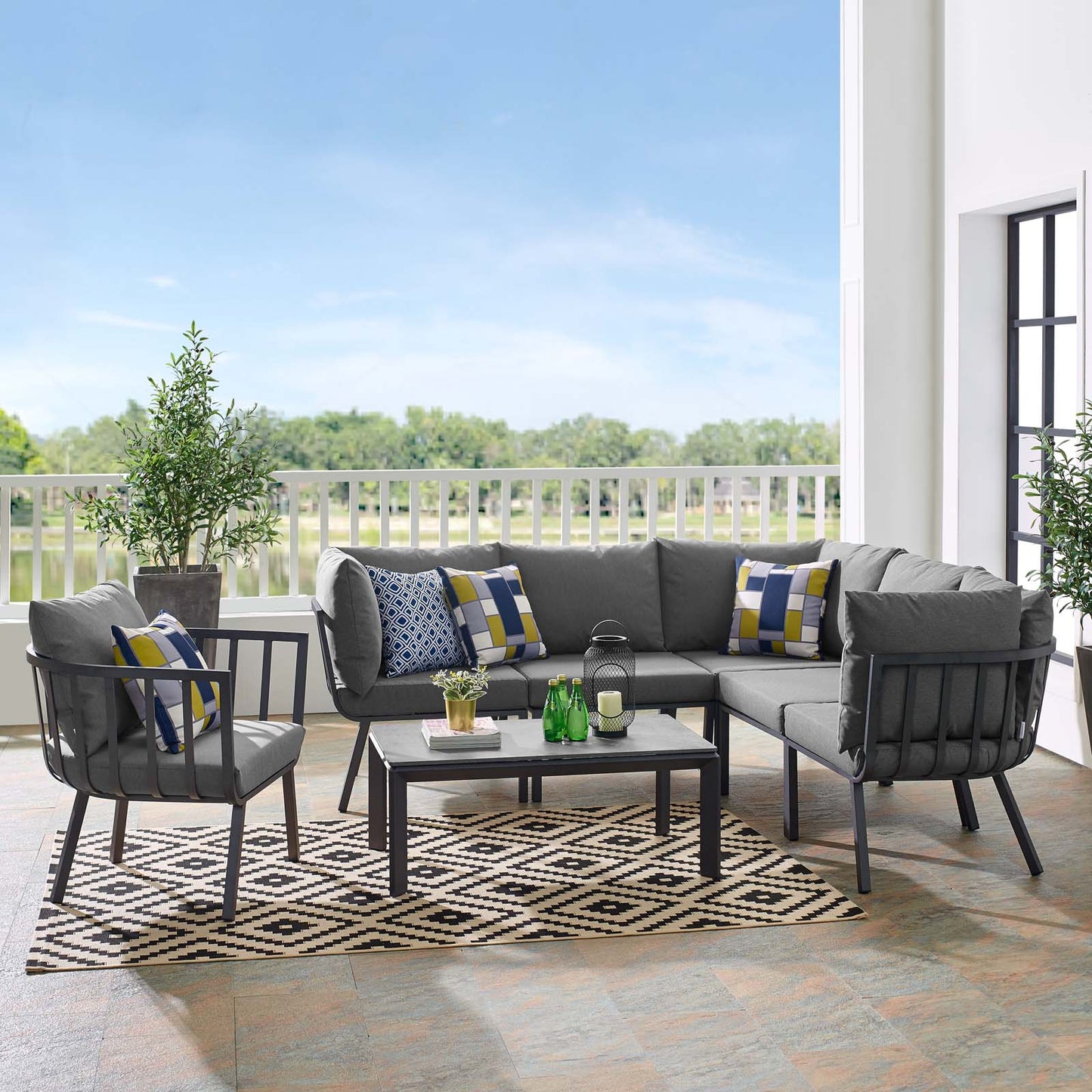 Riverside 7 Piece Outdoor Patio Aluminum Set, Aluminum, Metal, Steel, Grey Gray, 18455