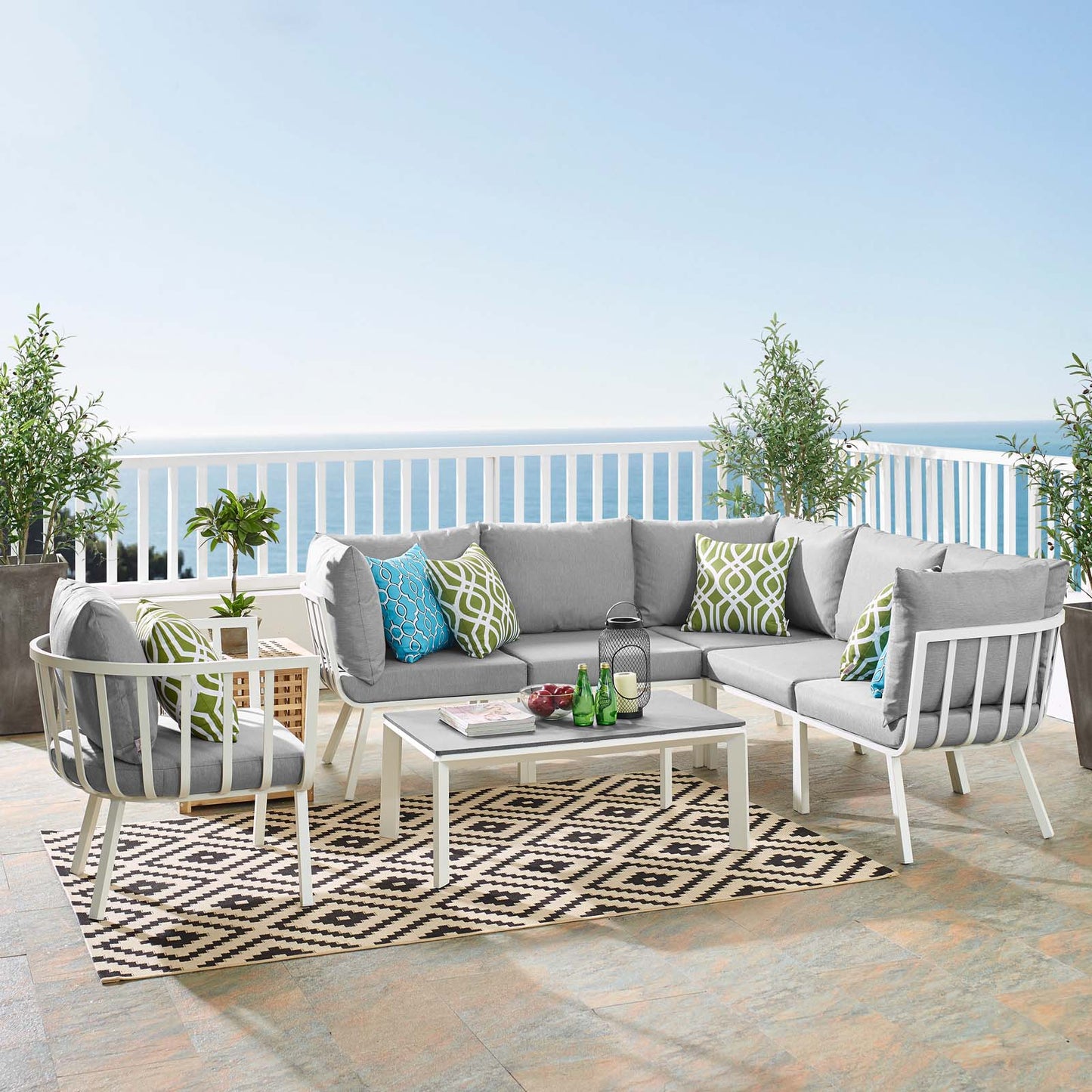 Riverside 7 Piece Outdoor Patio Aluminum Set, Aluminum, Metal, Steel, White Grey Gray, 18457