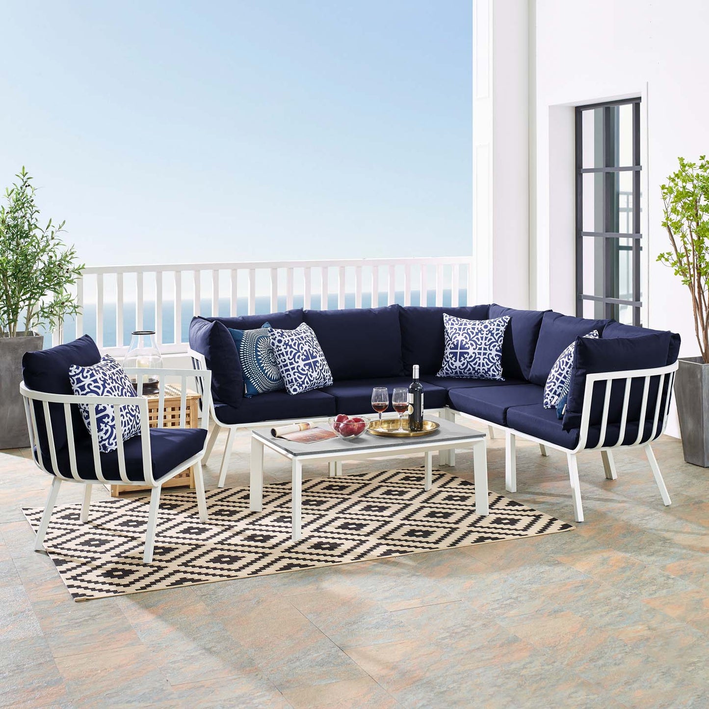 Riverside 7 Piece Outdoor Patio Aluminum Set, Aluminum, Metal, Steel, White Blue Navy, 18458