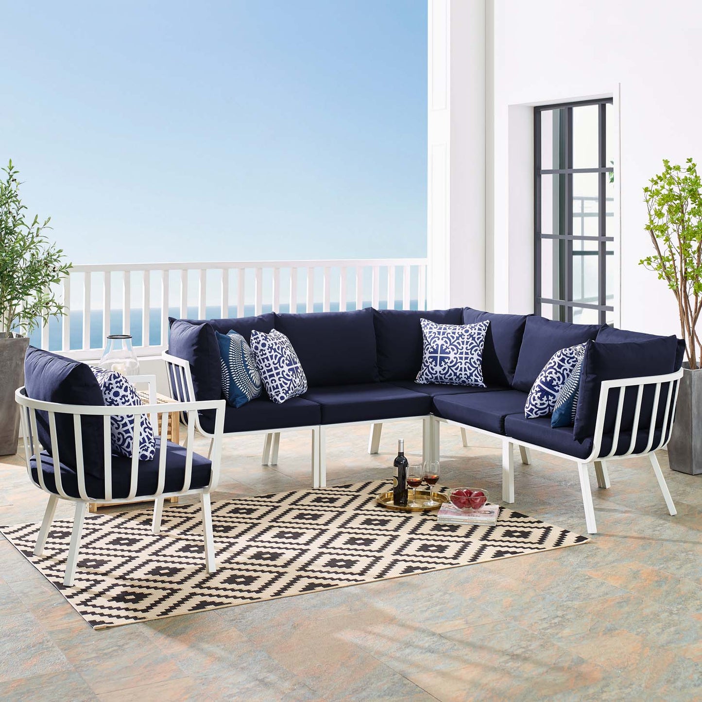 Riverside 6 Piece Outdoor Patio Aluminum Set, Aluminum, Metal, Steel, White Blue Navy, 18462
