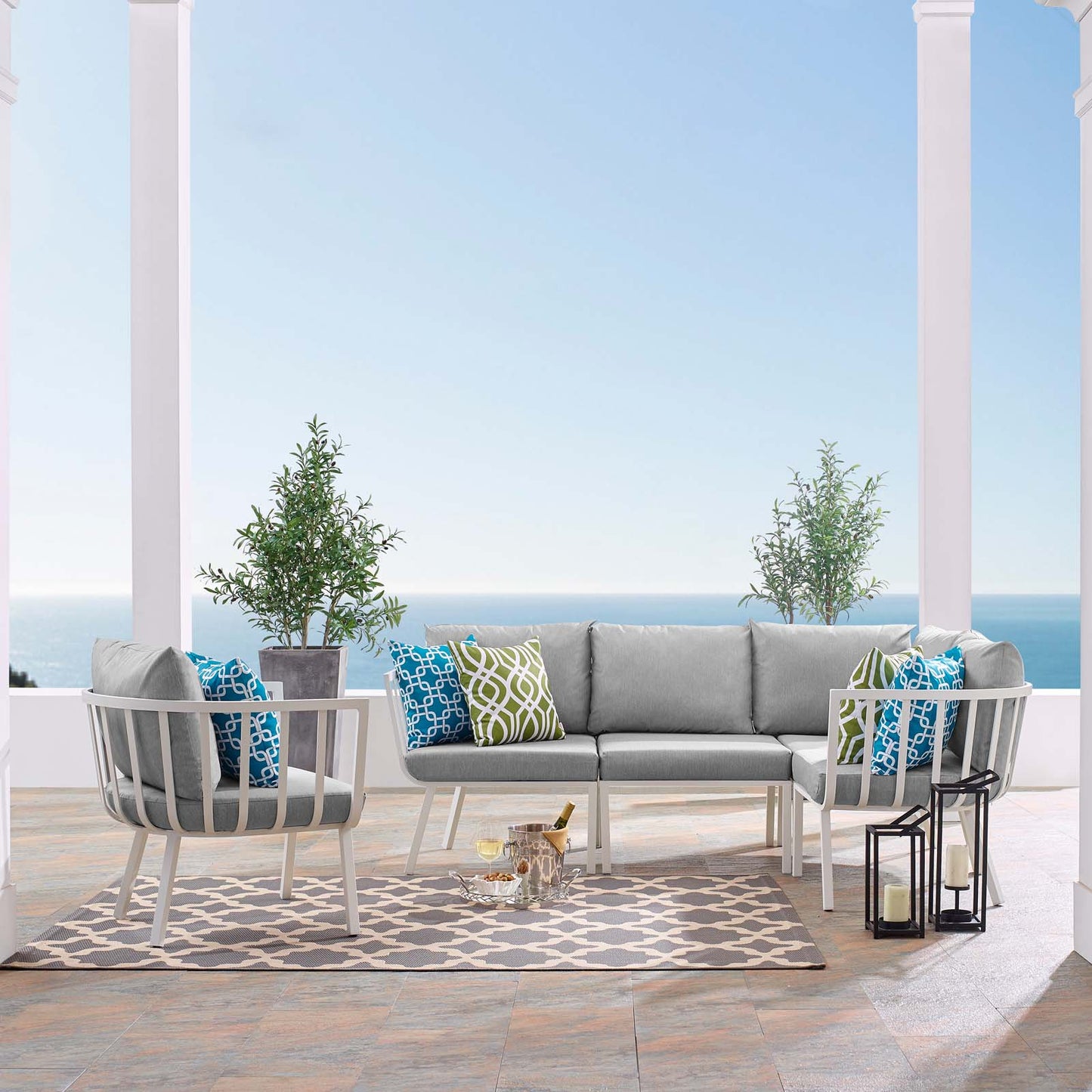 Riverside 5 Piece Outdoor Patio Aluminum Set, Aluminum, Metal, Steel, White Grey Gray, 18465