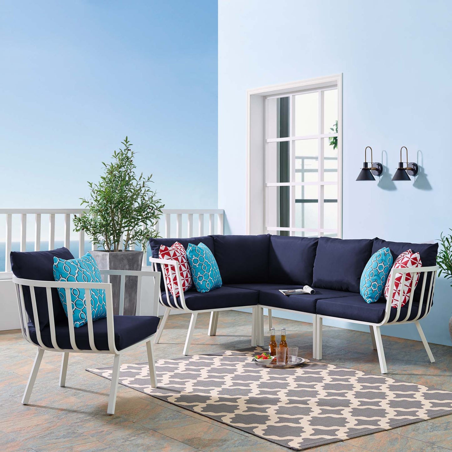 Riverside 5 Piece Outdoor Patio Aluminum Set, Aluminum, Metal, Steel, White Blue Navy, 18466