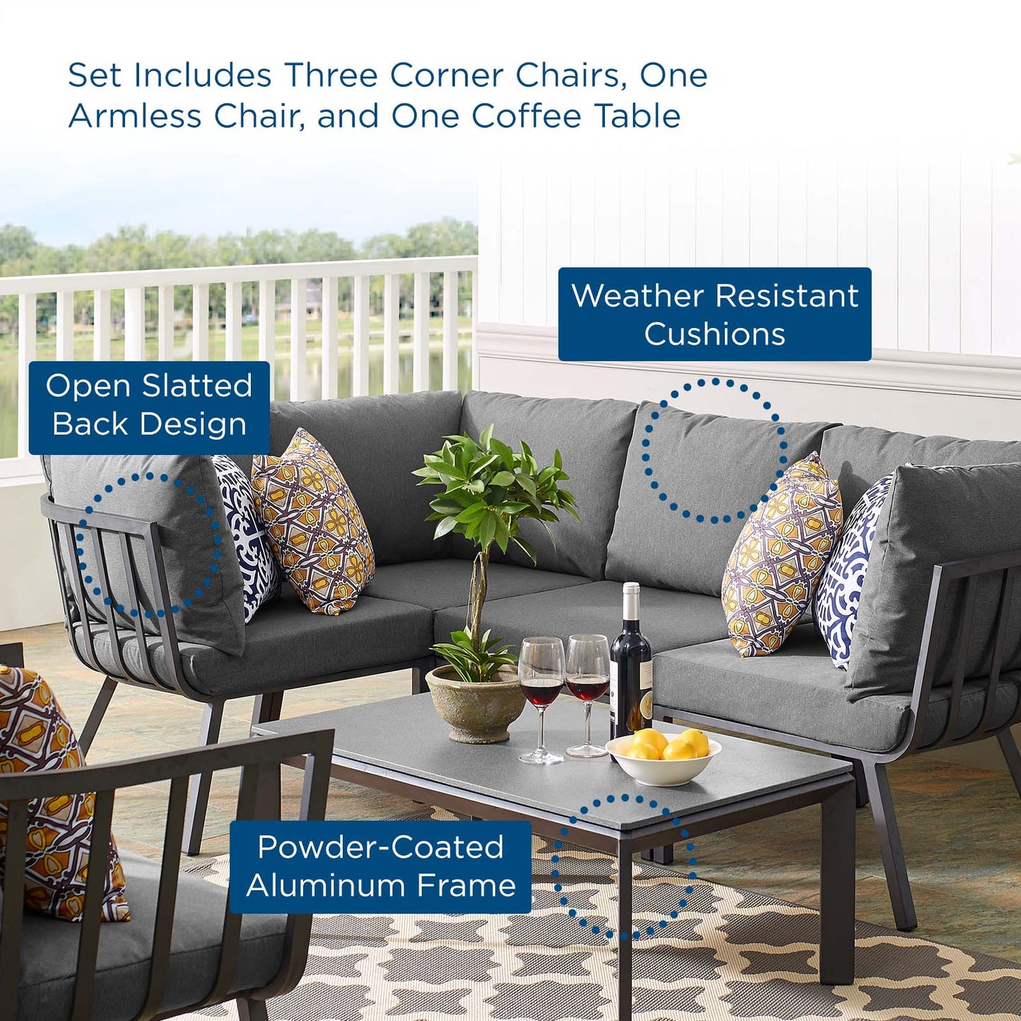 Riverside 5 Piece Outdoor Patio Aluminum Set, Aluminum, Metal, Steel, Grey Gray, 18467