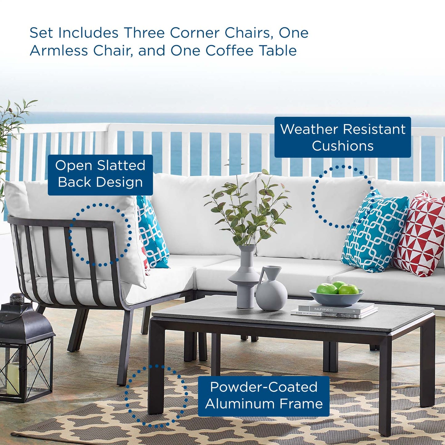Riverside 5 Piece Outdoor Patio Aluminum Set, Aluminum, Metal, Steel, Grey Gray White, 18468