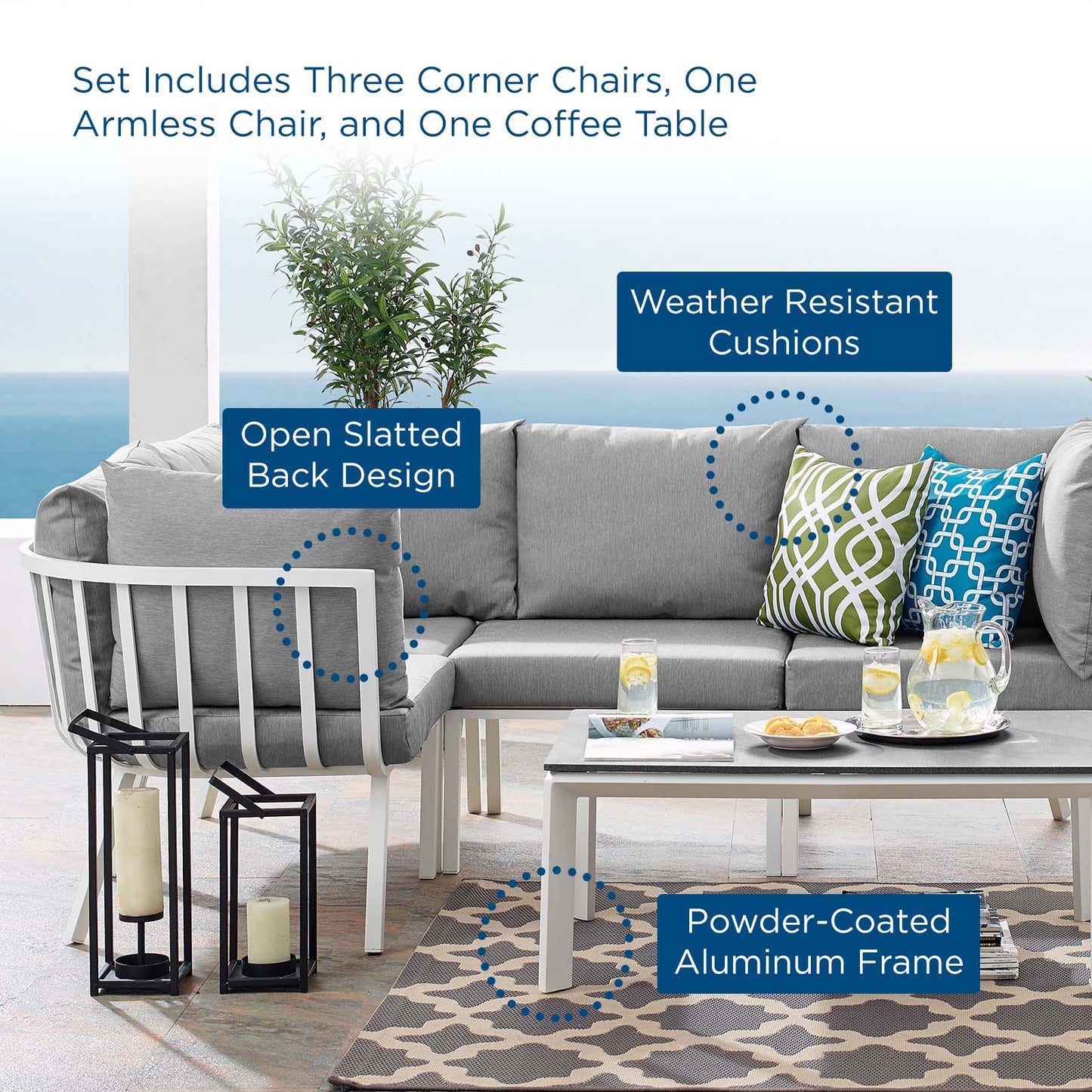 Riverside 5 Piece Outdoor Patio Aluminum Set, Aluminum, Metal, Steel, White Grey Gray, 18469