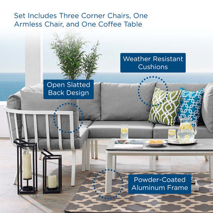 Riverside 5 Piece Outdoor Patio Aluminum Set, Aluminum, Metal, Steel, White Grey Gray, 18469
