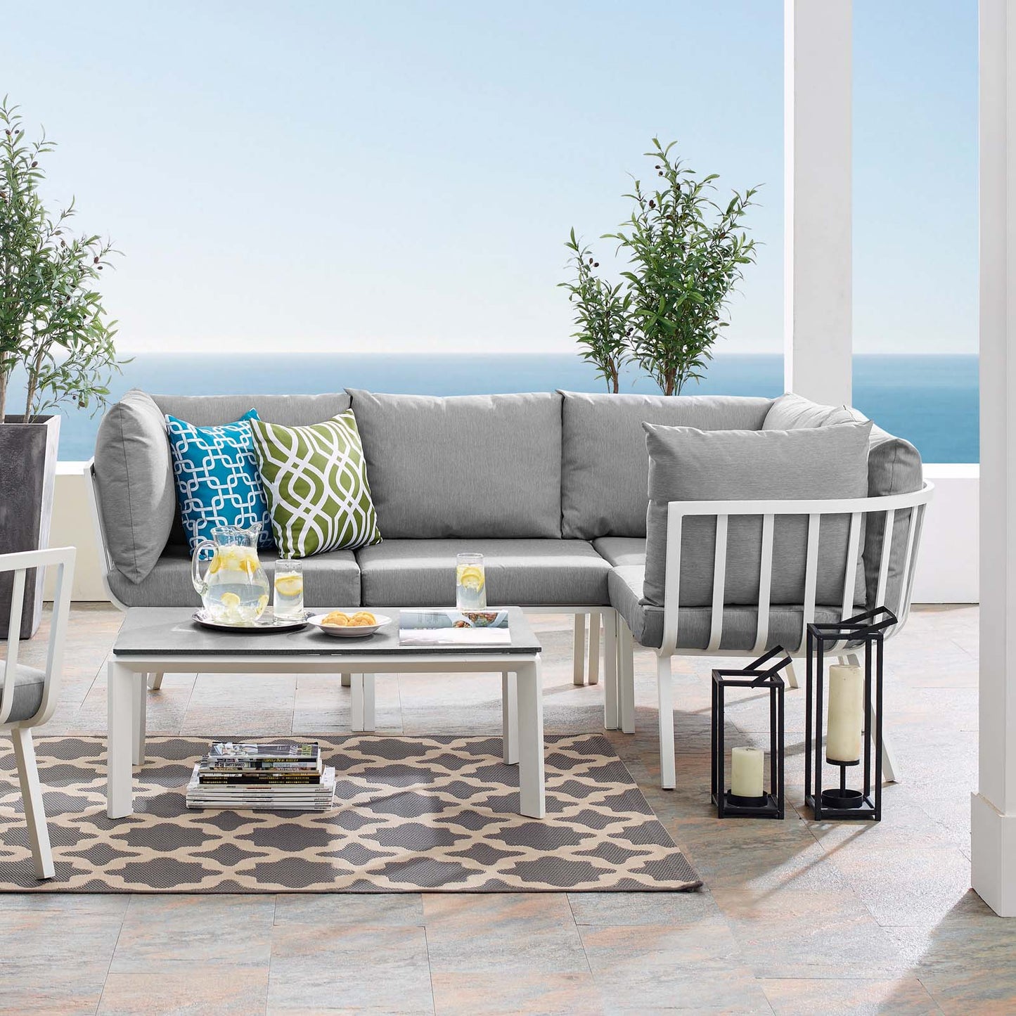 Riverside 5 Piece Outdoor Patio Aluminum Set, Aluminum, Metal, Steel, White Grey Gray, 18469